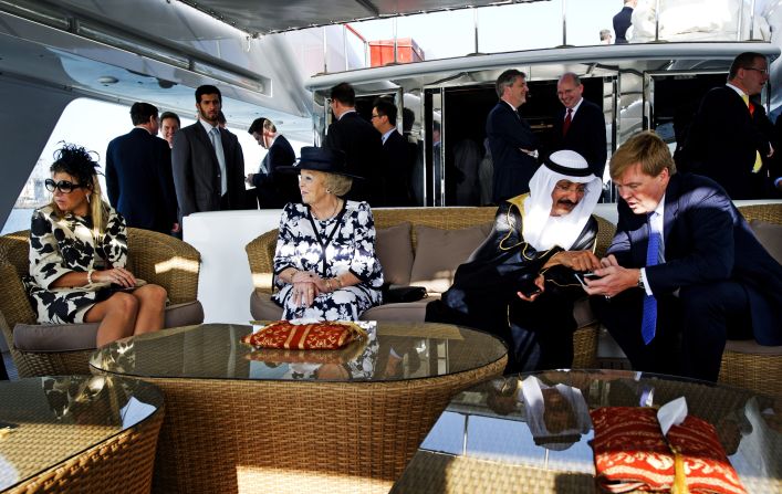 The United Arab Emirates' Sultan Ahmed Bin Sulayem is the proud owner of the world's second-largest yacht -- somewhat unimaginatively named "Dubai". Here, he speaks with King Willem-Alexander of the Netherlands aboard his $300 million luxury vessel. 