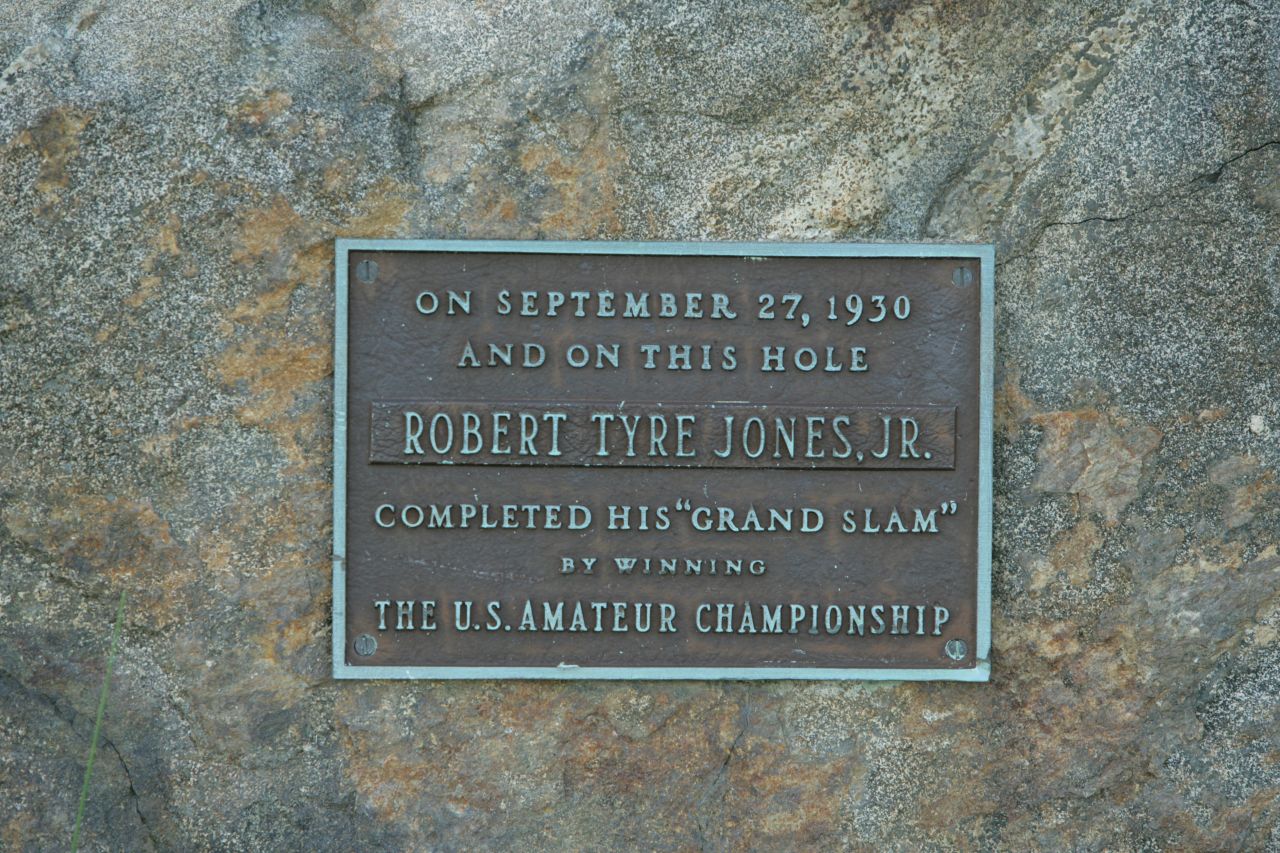  A commemorative stone on the par-four 12th on the East Course marks the hole on which the great Bobby Jones completed golf's first "grand slam" in 1930 by winning the final of the U.S. Amateur.