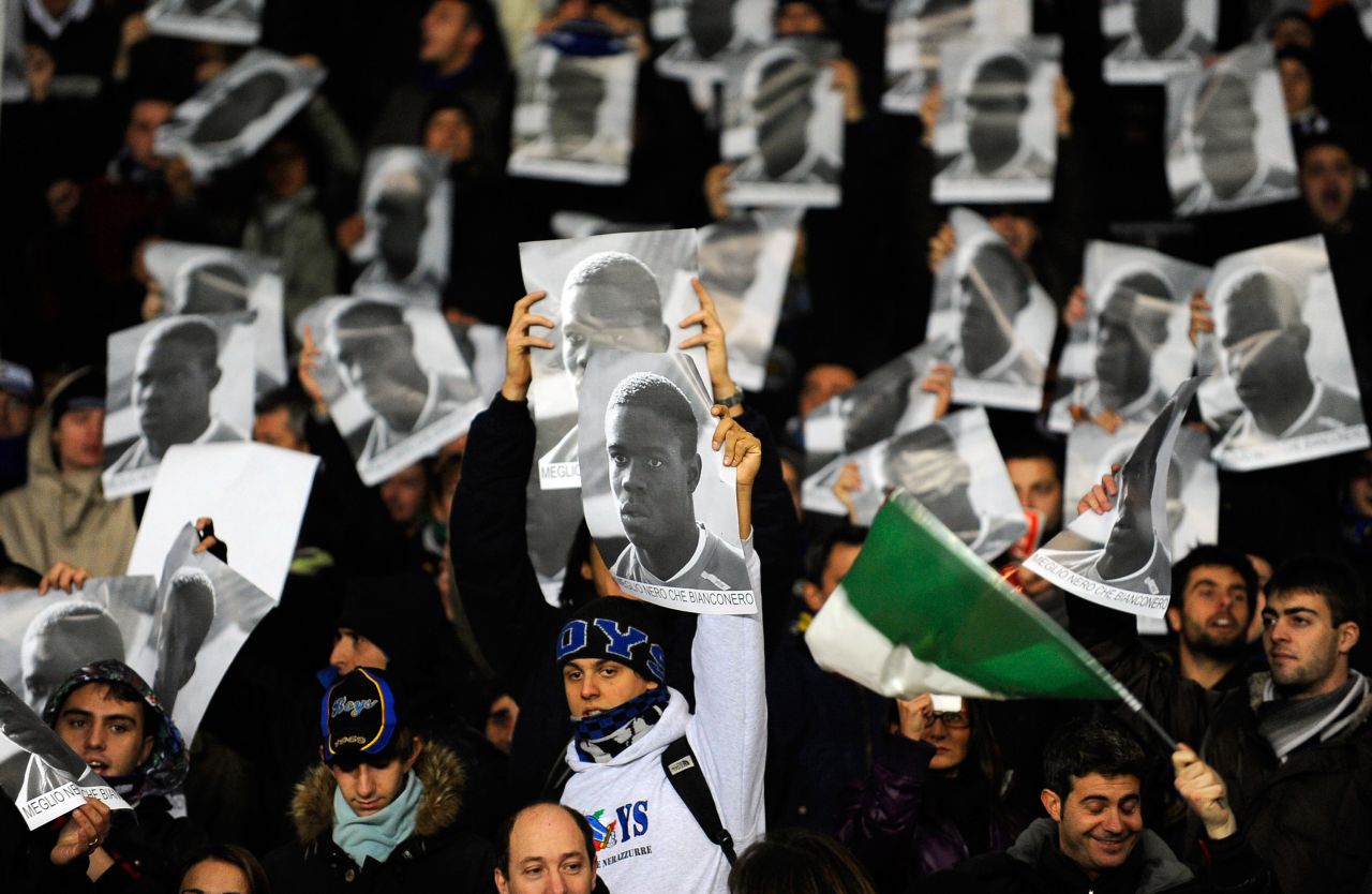 Balotelli has had to deal with racism throughout his career. As far back as 2009, when he played for Inter, he was racially abused by opposing Juventus fans. Here, Inter's fans hold up banners in support of the striker.