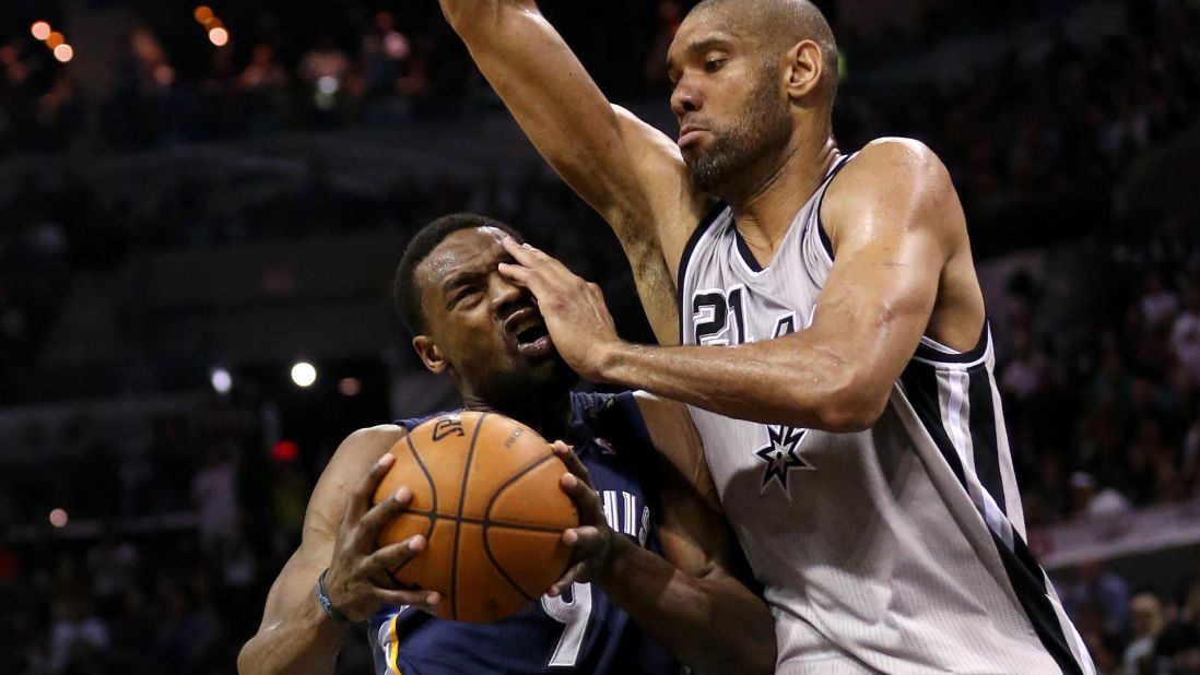 Tim Duncan gets physical with the Memphis Grizzlies' Tony Allen during the Western Conference Finals this month. The Spurs won the series 4-0 to advance to the NBA Finals for the fifth time in Duncan's career.