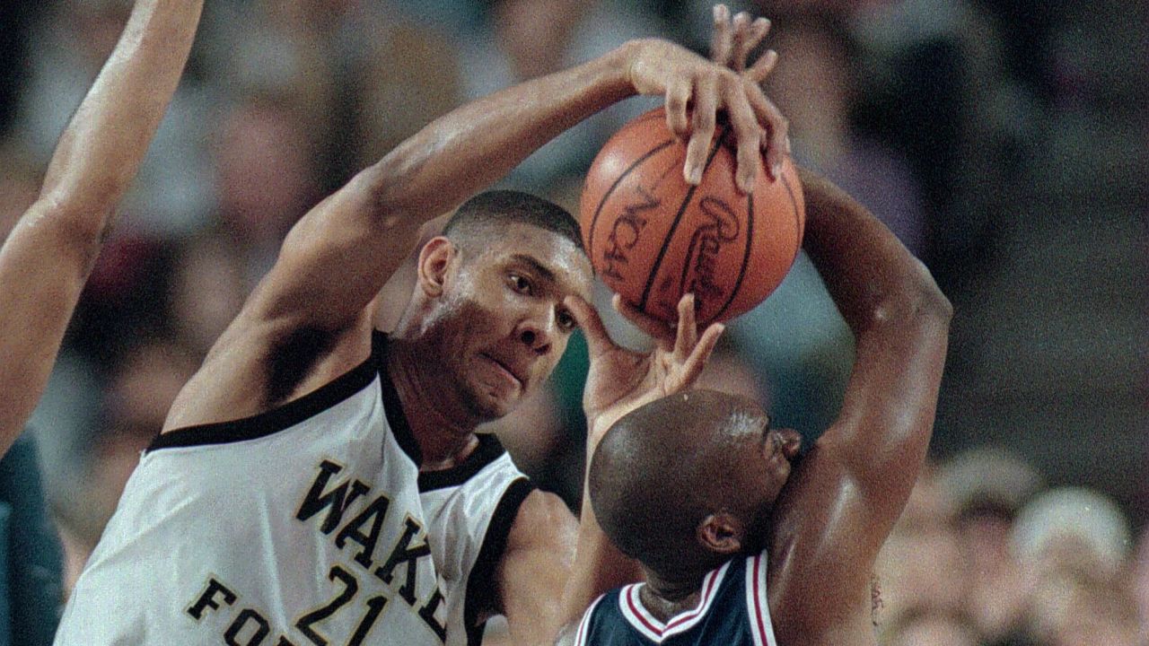 Duncan, seen here during his college days covering an opponent from St. Louis, was the the first player taken in the 1997 NBA Draft. He graduated from Wake Forest before entering. 