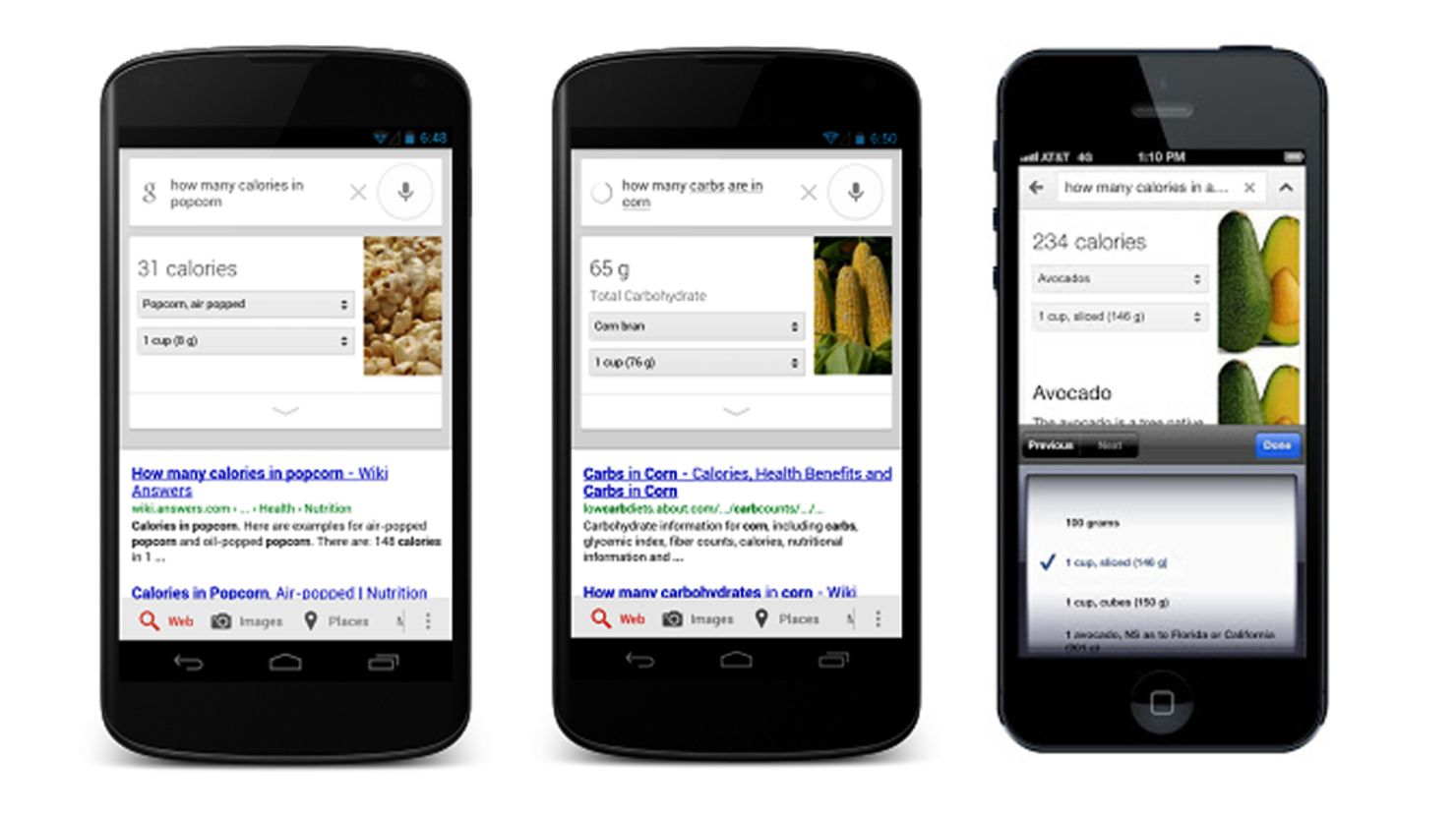 The Google nutrition search results are also available on mobile devices. 