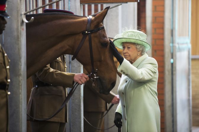 Her Majesty pets a horse she gave to the King's Troop.
