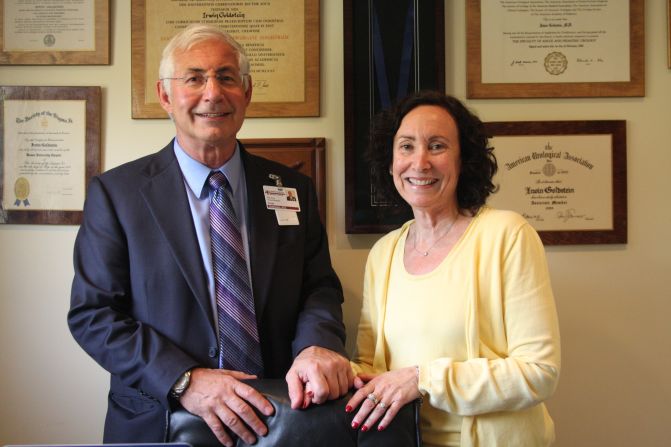 Goldstein and his wife of 38 years, Sue, who is program coordinator for San Diego Sexual Medicine. On the wall behind them are some of Goldstein's awards; in 2009, he received the gold medal from the <a  target="_blank" target="_blank">World Association of Sexual Health</a> for his lifetime achievements in sexual medicine.