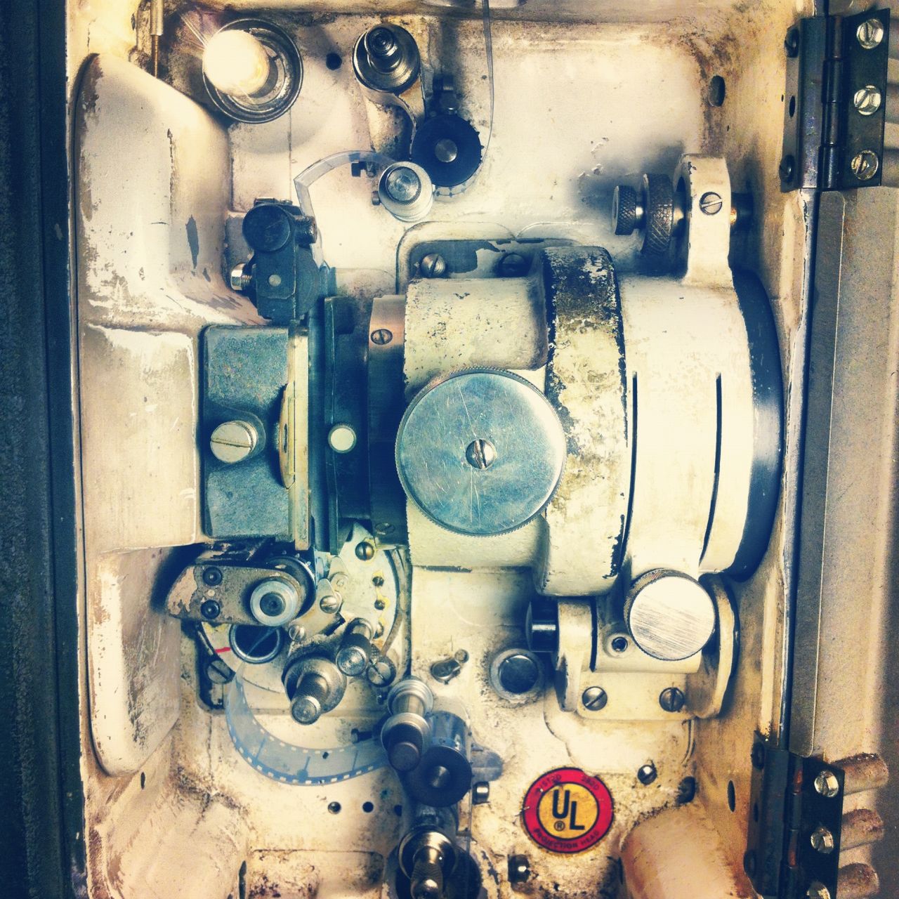 The inside of a Century JJ film projector, showing the gate and trap. Atlanta's Landmark Midtown Art Cinema, which used this projector, went digital last fall.