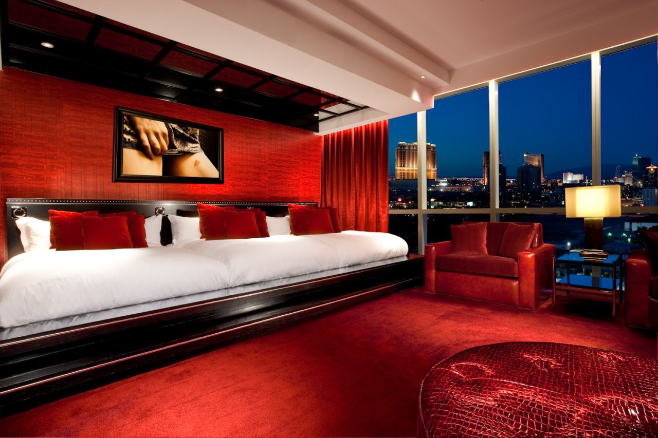 Checking into the Provocateur Suite means you're not just fooling around. Actually, it sort of does. Features include mirrored ceilings and an interactive video wall that projects figures "writhing wantonly" on the bed while erotic themes rotate behind the headboard.