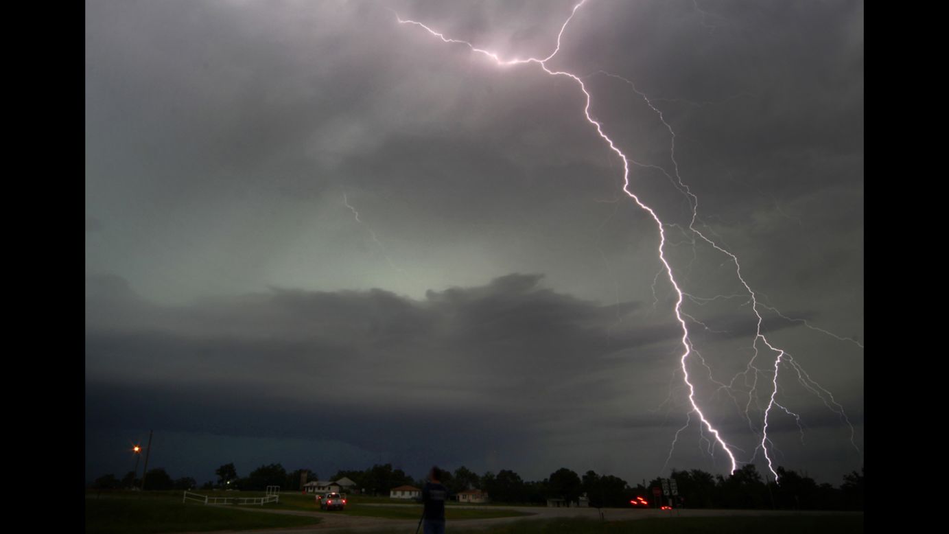Lightning from a tornadic thunderstorm strikes in Cushing, Oklahoma, on May 31.