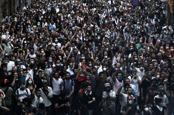A large group of demonstrators gather to protest the demolition of Gezi Park in Taksim Square on May 31.