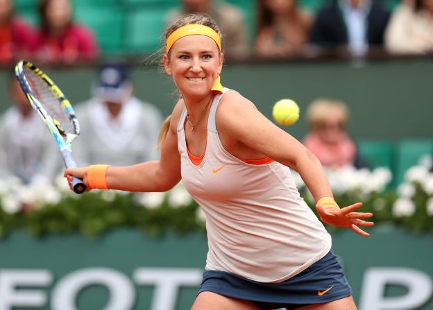 Victoria Azarenka of Belarus returns a forehand in her women's singles match against Alize Cornet of France on June 1. Azarenka defeated Cornet 4-6, 6-3, 6-1.