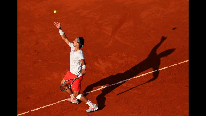  Rafael Nadal of Spain serves to Fabio Fognini of Italy on June 1. 