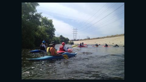 Kayakers enjoy a day on the Los Angeles River.