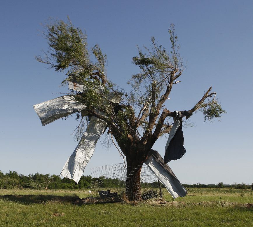 High winds left sheet metal wrapped around the branches of this tree along Route 66 in El Reno on June 1.