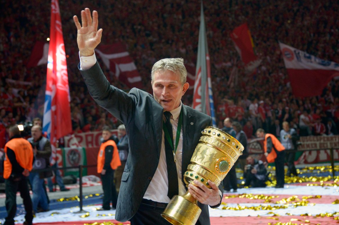 Bayern Munich's Jupp Heynckes waves to the crowd after winning the German Cup in his final match in charge. 