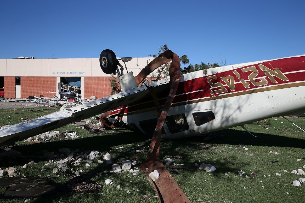  An overturned airplane sits amid rubble at the Canadian Valley Technology Center in El Reno on June 1.