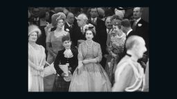Queen Mother Elizabeth, from left, Prince Charles and Queen Elizabeth II attend Princess Margaret's wedding in 1960.