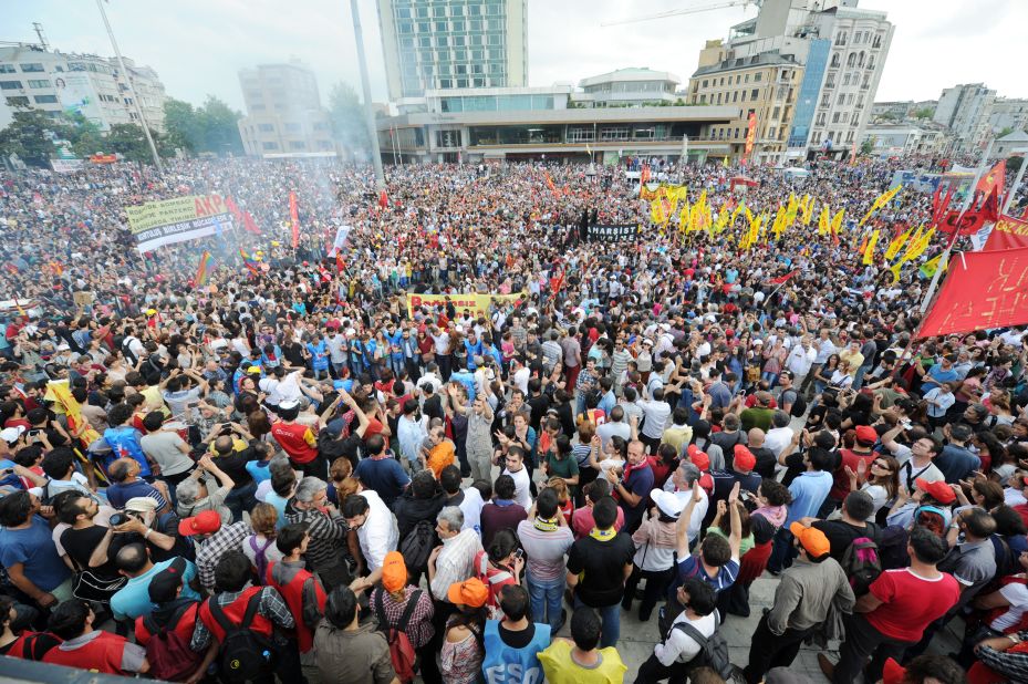 Protesters gather in Taksim Square in Istanbul on Sunday, June 2. 
