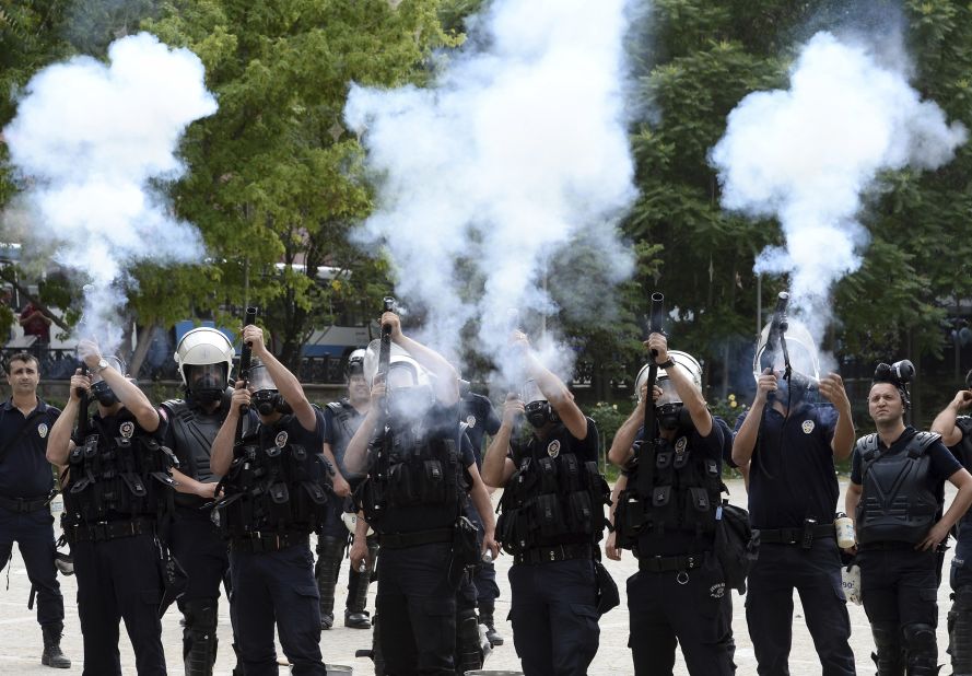 Riot police fire tear gas during a protest against Turkey's Prime Minister Recep Tayyip Erdogan and his ruling AK Party in central Ankara on June 2. Sparked by the events in Istanbul, general anti-government protests have sprung up in Ankara.