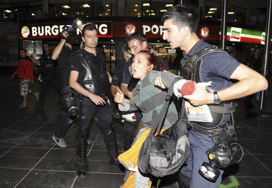 Turkish police detain a protester during demonstrations in Ankara on June 2.
