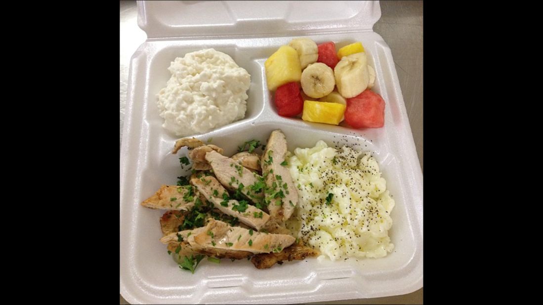 A typical breakfast includes grilled chicken, egg whites, fresh fruit and cottage cheese. 