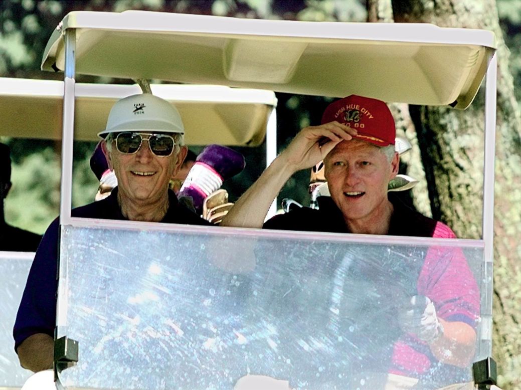 President Bill Clinton and Lautenberg play golf on vacation in Martha's Vineyard on August 26, 1997.