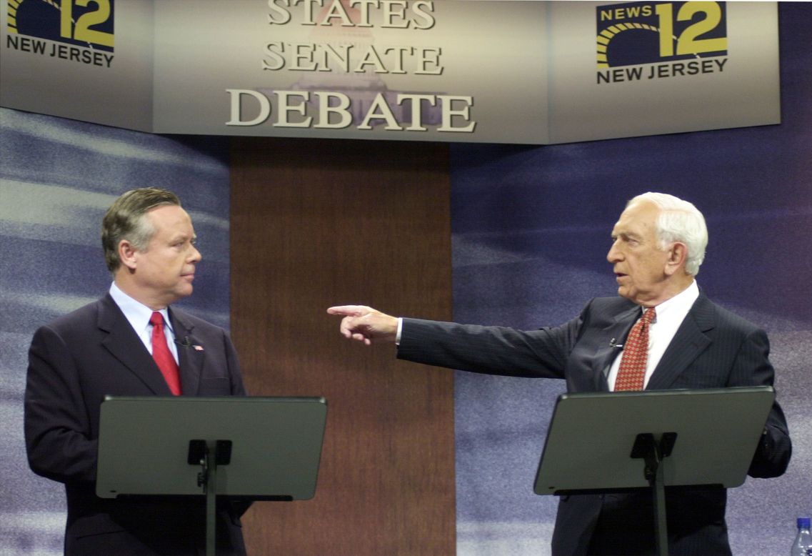 Senate candidate Frank Lautenberg, right, debates with Republican candidate Douglas Forrester at News12 New Jersey television studios October 30, 2002, in Edison, New Jersey.