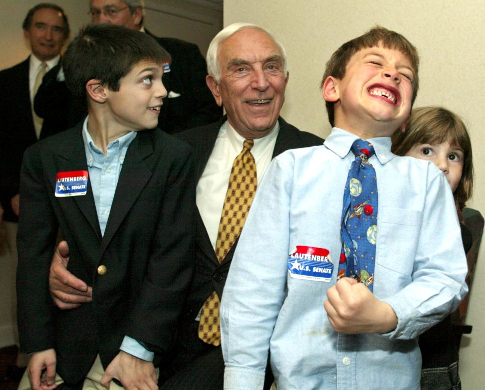 Lautenberg watches early voting returns with his grandchildren in New Brunswick, New Jersey, on November 5, 2002.