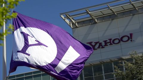 The Yahoo logo is displayed on a flag flying at the company's headquarters in Sunnyvale, California, on April 16, 2013.