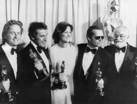 From left, producer Michael Douglas, director Milos Forman, actress Louise Fletcher, actor Jack Nicholson and producer Saul Zaentz, hold Oscars at the 43th Academy Awards for the 1975 film, "One Flew Over the Cuckoo's Nest." Douglas has been nominated for and won two Academy Awards.