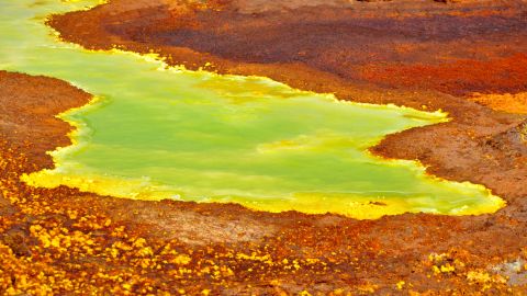 The inhospitable terrain of the Ethiopia's desert basin also features many acid pools. 