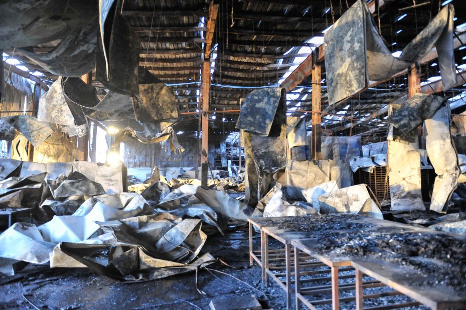 The interior of the poultry slaughterhouse is left in ruins.
