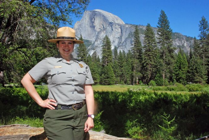Meet our Yosemite National Park seasonal ranger, Kirsten Randolph, in Cook's Meadow with Half Dome in the background.