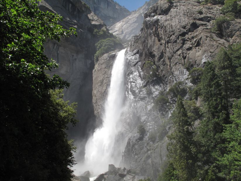 Hikers on the Lower Yosemite Fall Trail can enjoy this view of Lower Yosemite Falls from the trail's footbridge. 