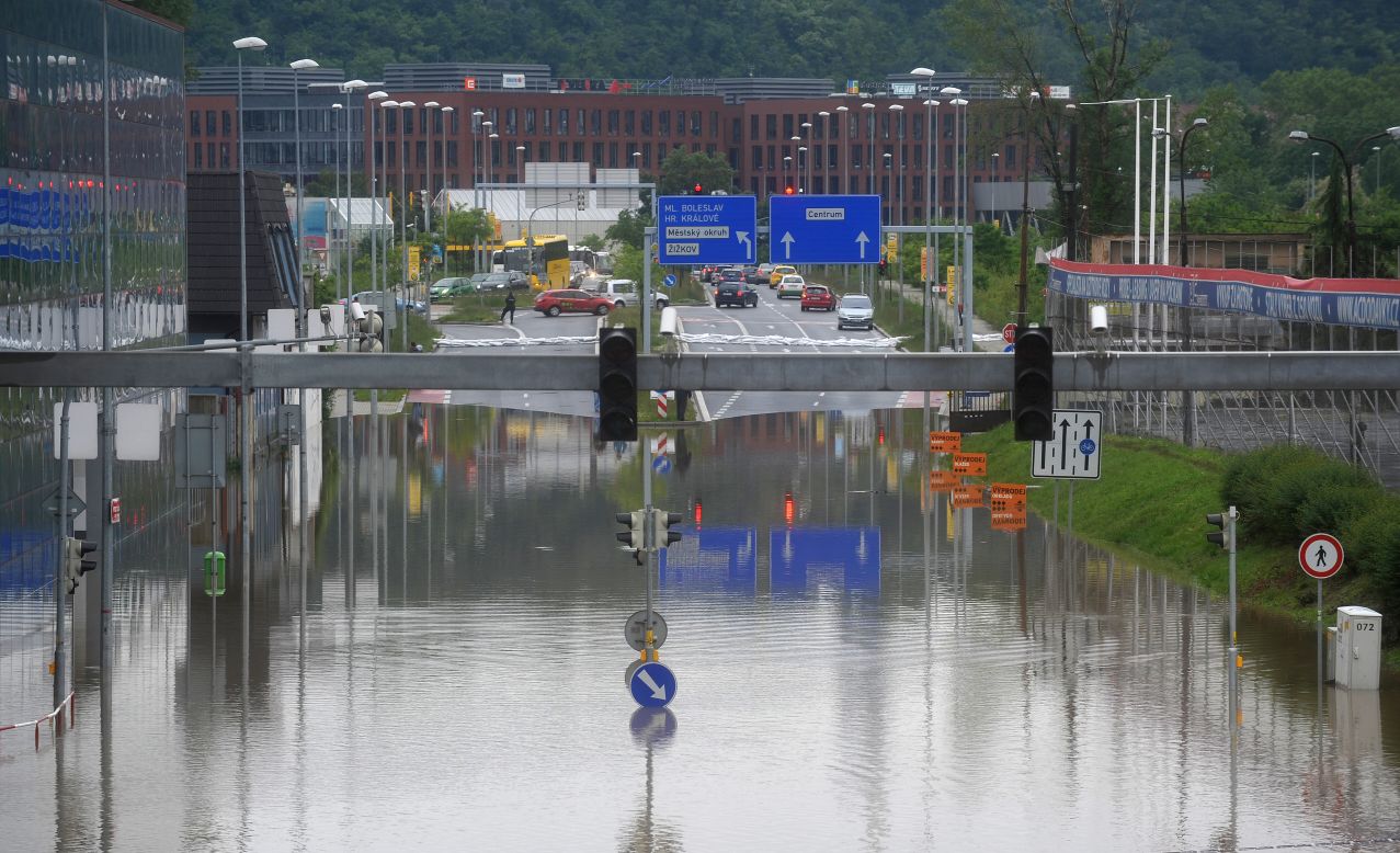 Floodwaters cover a road in Prague on June 3.
