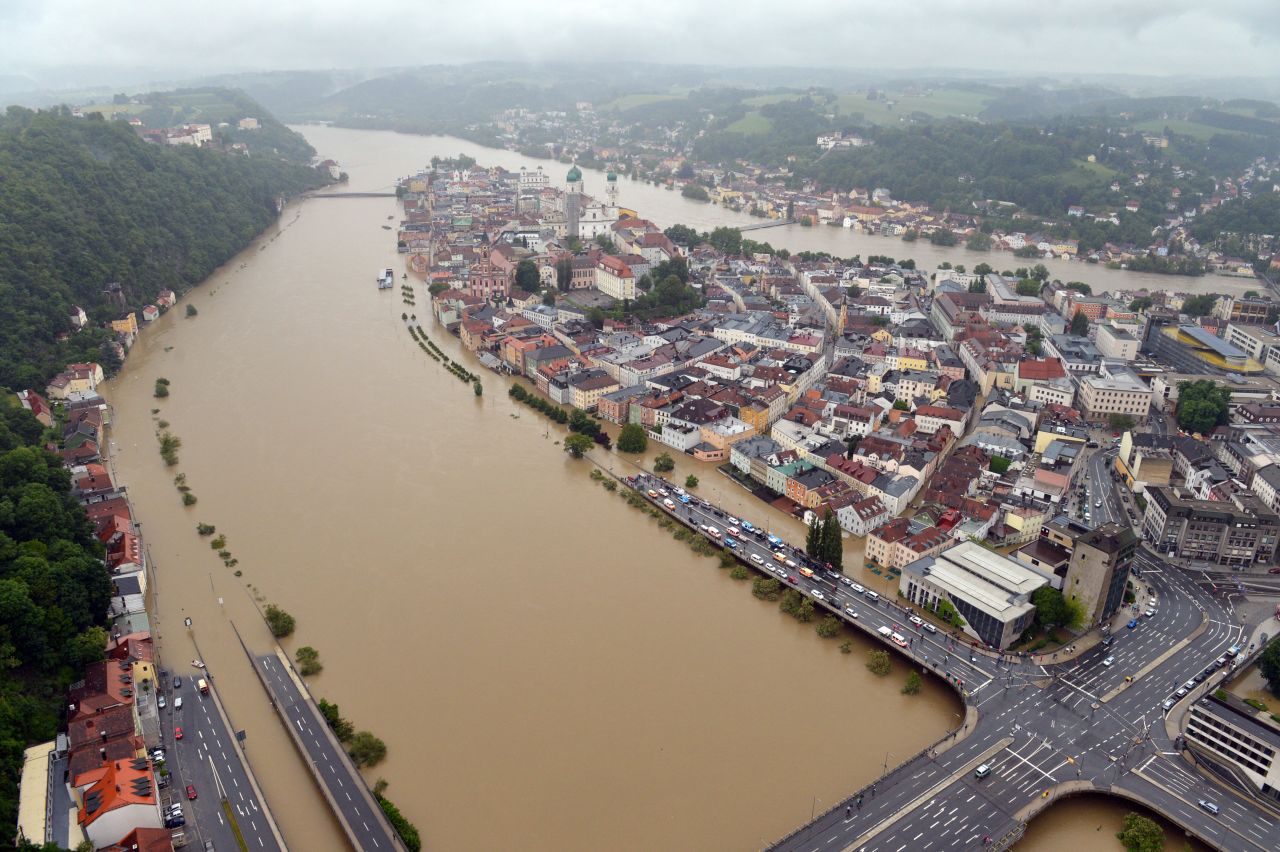 Some streets are underwater in the old city in Passau, Germany, on Monday, June 3, due to heavy and ongoing rainfall. 
