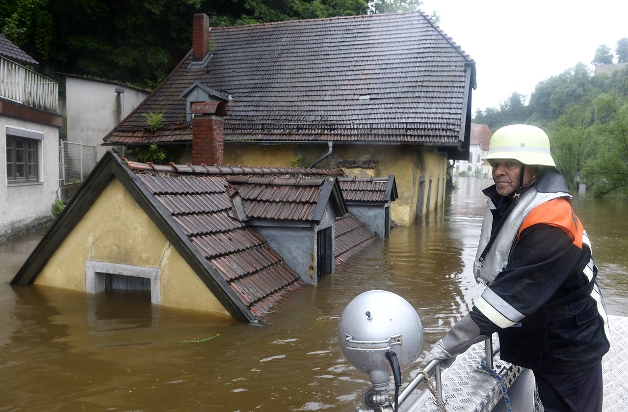 A rescuer navigates through an flooded street in Passau, Germany.