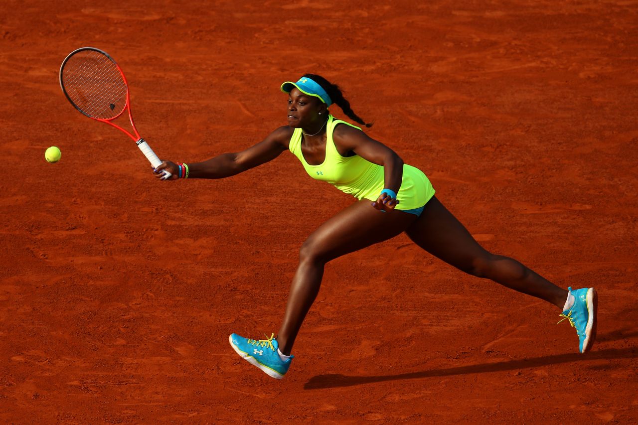 USA's Sloane Stephens plays a forehand during her match against Russia's Maria Sharapova on June 3.