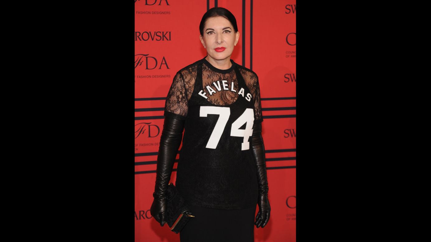 Like any high-profile awards show, the CFDA Fashion Awards draws a mix of celebrities, entertainers and artists. Performance artist Marina Abromovic showed up wearing a <a href="http://nymag.com/thecut/2013/06/marina-abramovic-loves-face-lasers-james-franco.html" target="_blank" target="_blank">Givenchy athletic jersey</a>.