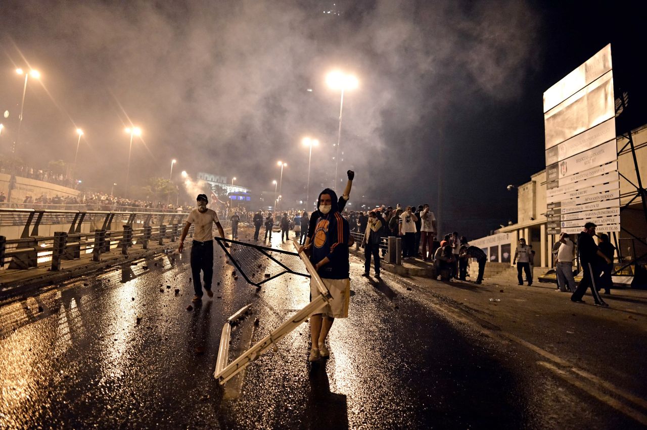 Protesters clash with riot police between Taksim and Besiktas in Istanbul on Monday, June 3.