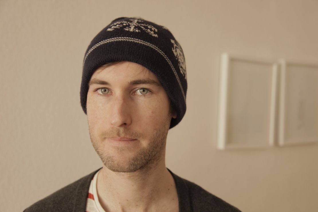Sam Muirhead wearing his open-source woolly hat.