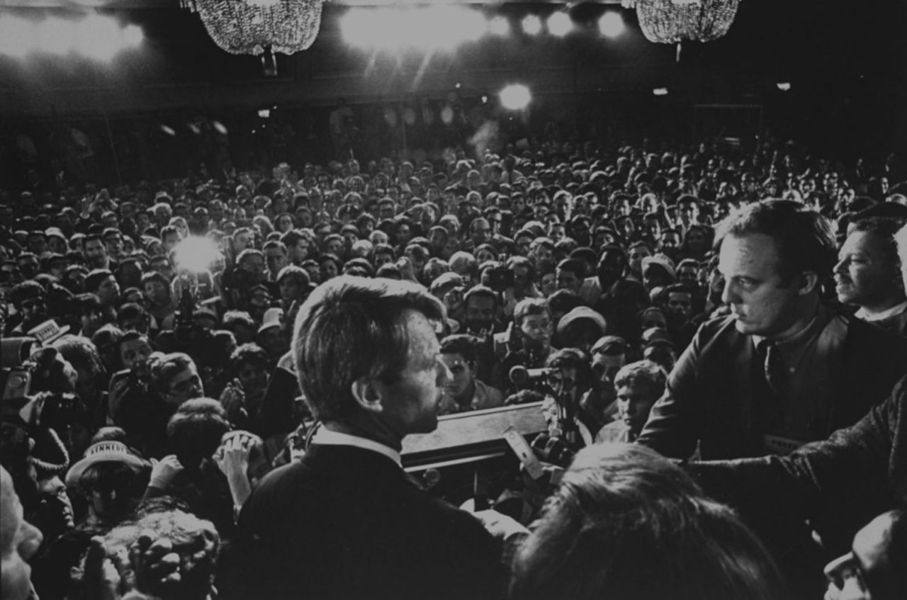 Sen. Kennedy gives a speech at the Ambassador Hotel in Los Angeles before his assassination, June 1968.