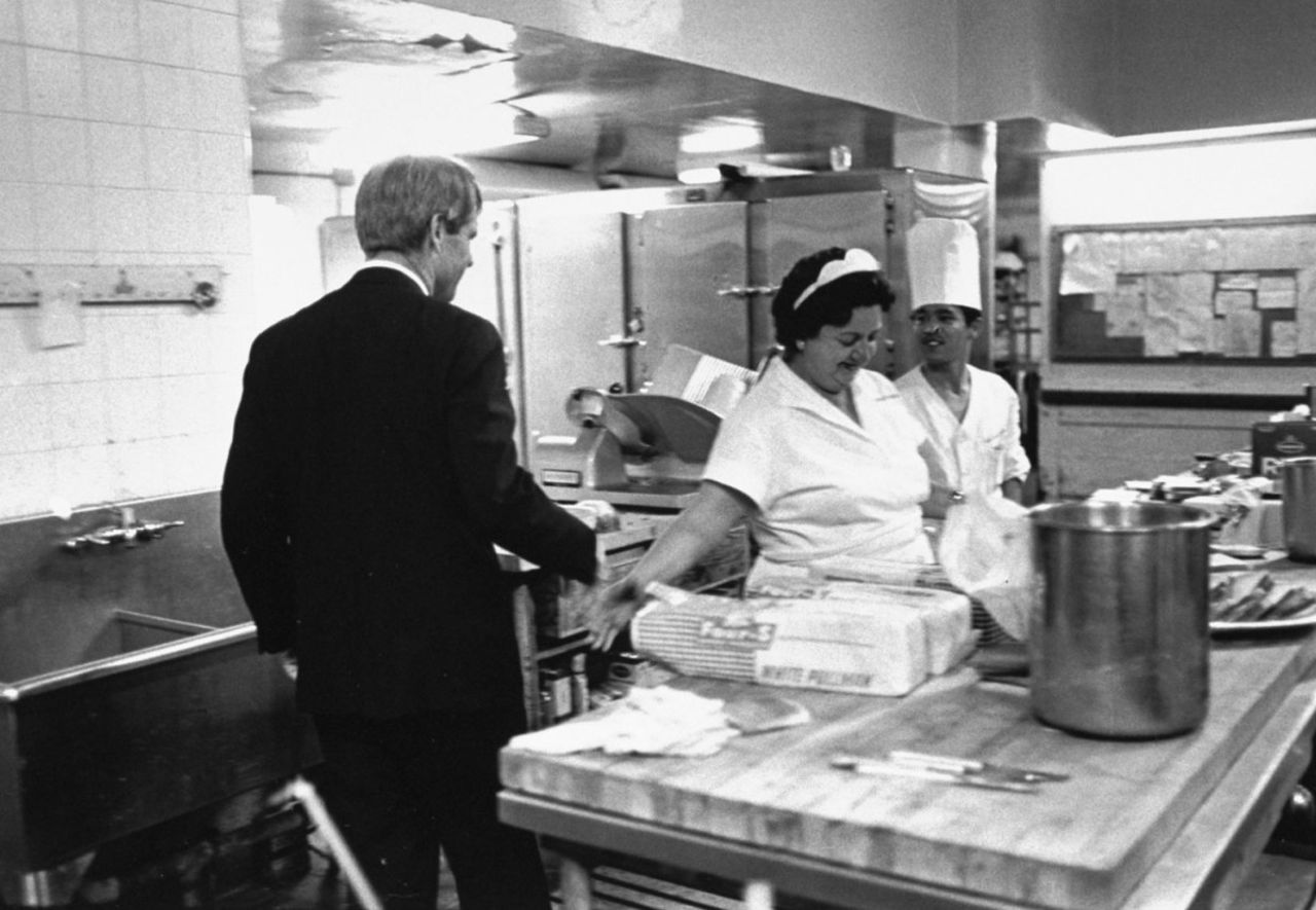  "Heading for his victory speech in the Ambassador Hotel ballroom, Robert Kennedy stops in the kitchen to shake hands. A few minutes later the gunman was waiting for him in the corridor just outside the kitchen."