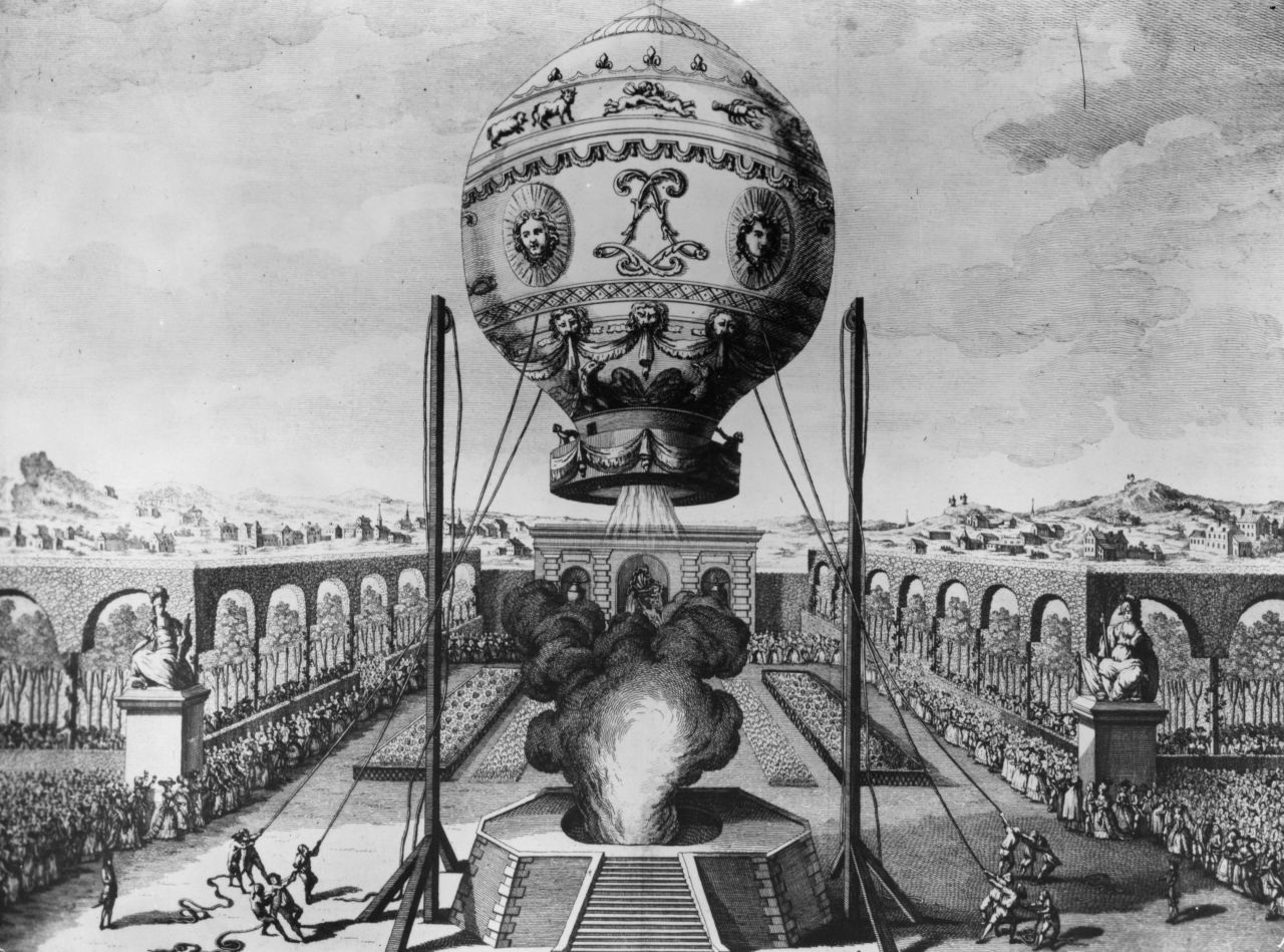 They developed from the hot air balloon; the Montgolfier brothers launched the first manned balloon flight in Paris in 1783.