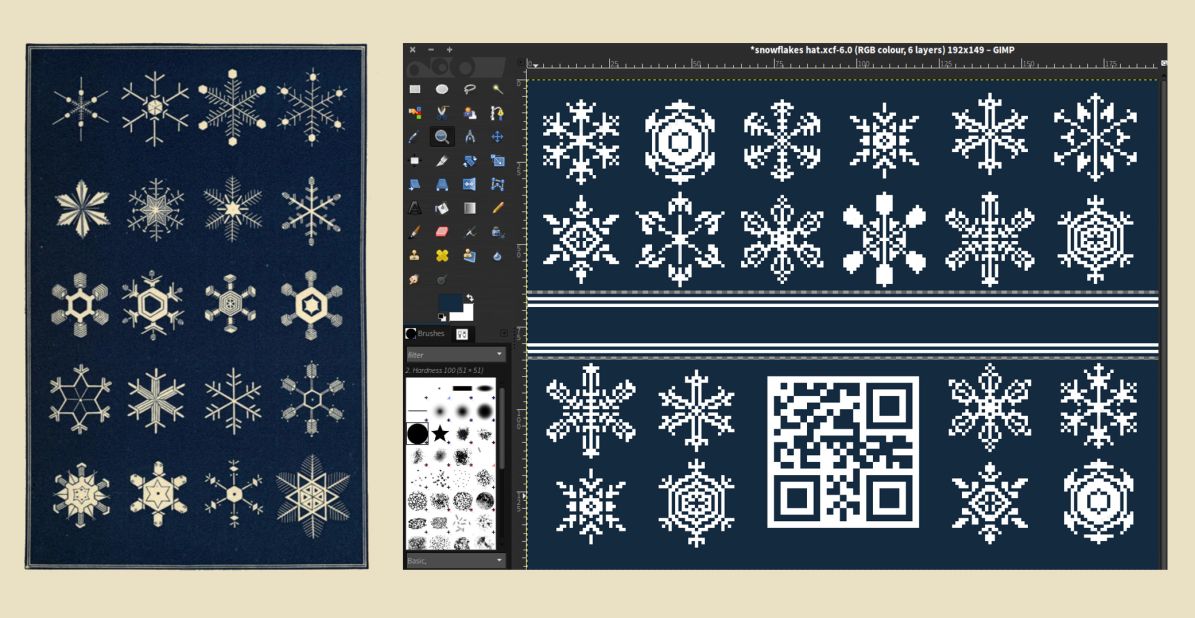 The open-source pattern for a scarf draws on public domain snowflake images.