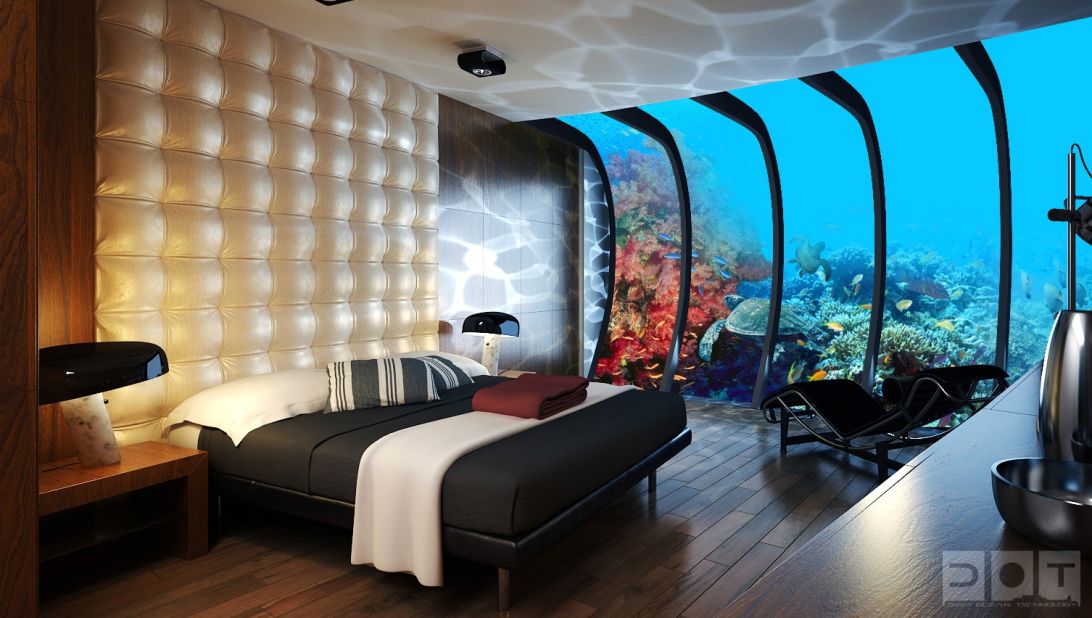 Guests can enjoy views of vibrant coral reefs and sea creatures, all from the comfort of their bedroom.