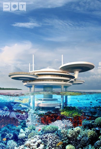 The brainchild of Polish designers Deep Ocean Technology (DOT), the futuristic building features saucer-like lounges connected to 21 underwater bedrooms.
