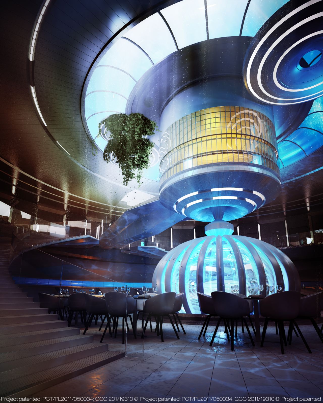 The lounges are connected by a glass tunnel. In an emergency, the doughnut-shaped underwater room can slide to the surface of the ocean. 