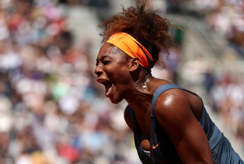 Serena Williams of the U.S. celebrates a point during her win over Svetlana Kuznetsova of Russia during the women's singles quarter-final match June 4. Williams defeated Kuznetsova 6-1, 3-6, 6-3.