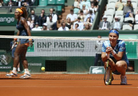 Kuznetsova, right, reacts after losing a point to Williams during the quarterfinal match June 4.