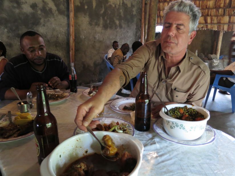 On the Congo River, it's not necessarily clear where your next meal is coming from. Bourdain fuels up on grilled chicken, ugali and piri piri pepper at Restaurant Village Fatima in Goma before setting out on his journey in the Democratic Republic of the Congo.