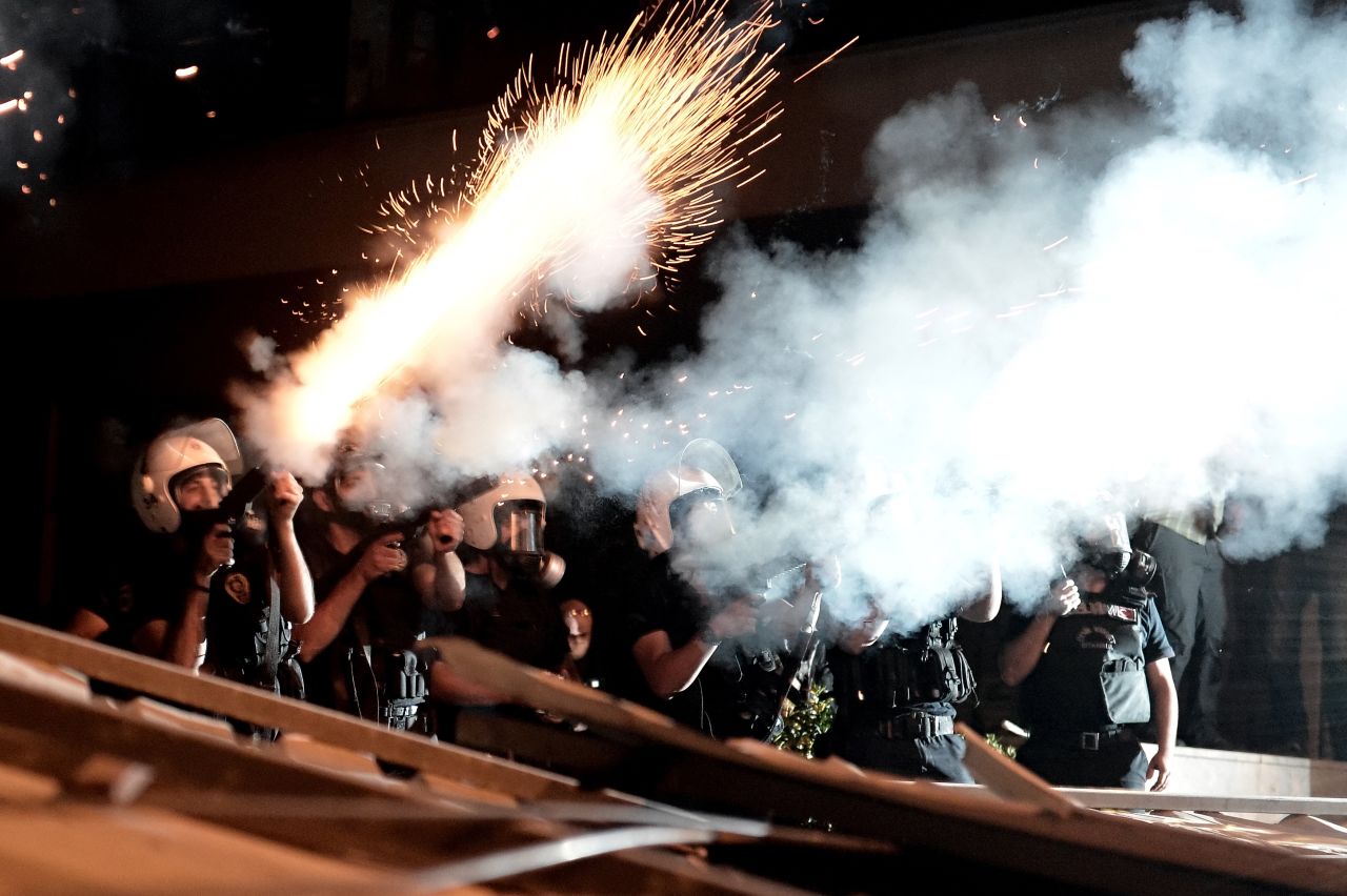 Riot police fire tear gas at demonstrators in Istanbul on June 4.